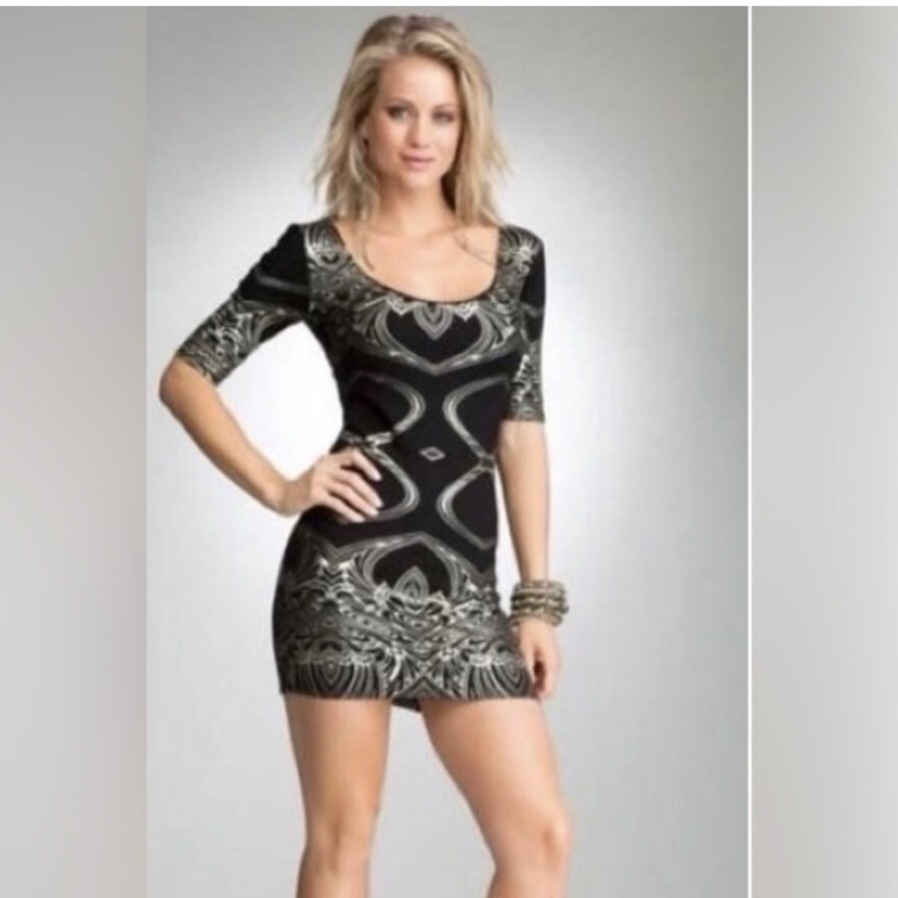 bebe black & silver tattoo print stretch mini dress size S